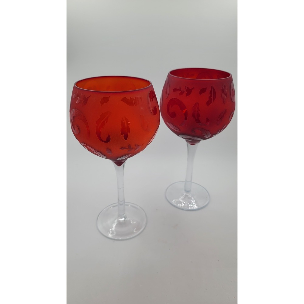 Coldwater Creek Ruby Red Balloon Wine Glasses Etched Scroll & Floral - Set of 2